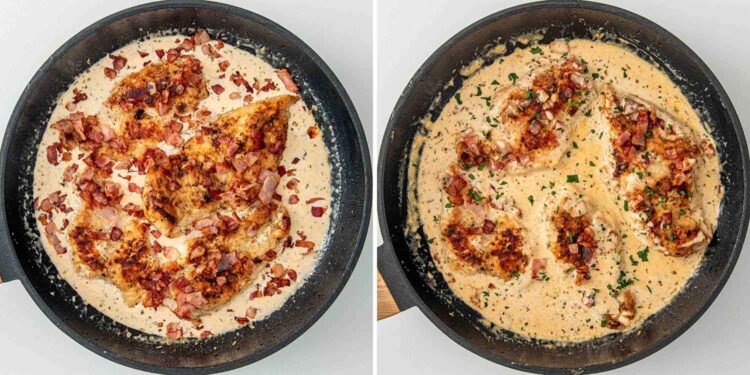 process shots showing how to make creamy bacon chicken.