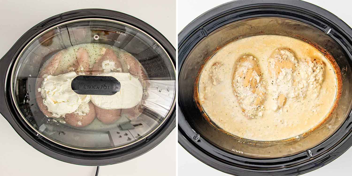 process shots showing how to make crockpot crack chicken.