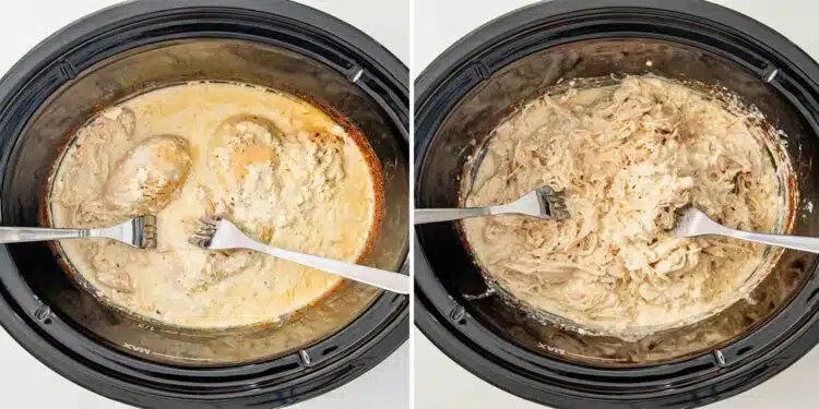 process shots showing how to make crockpot crack chicken.