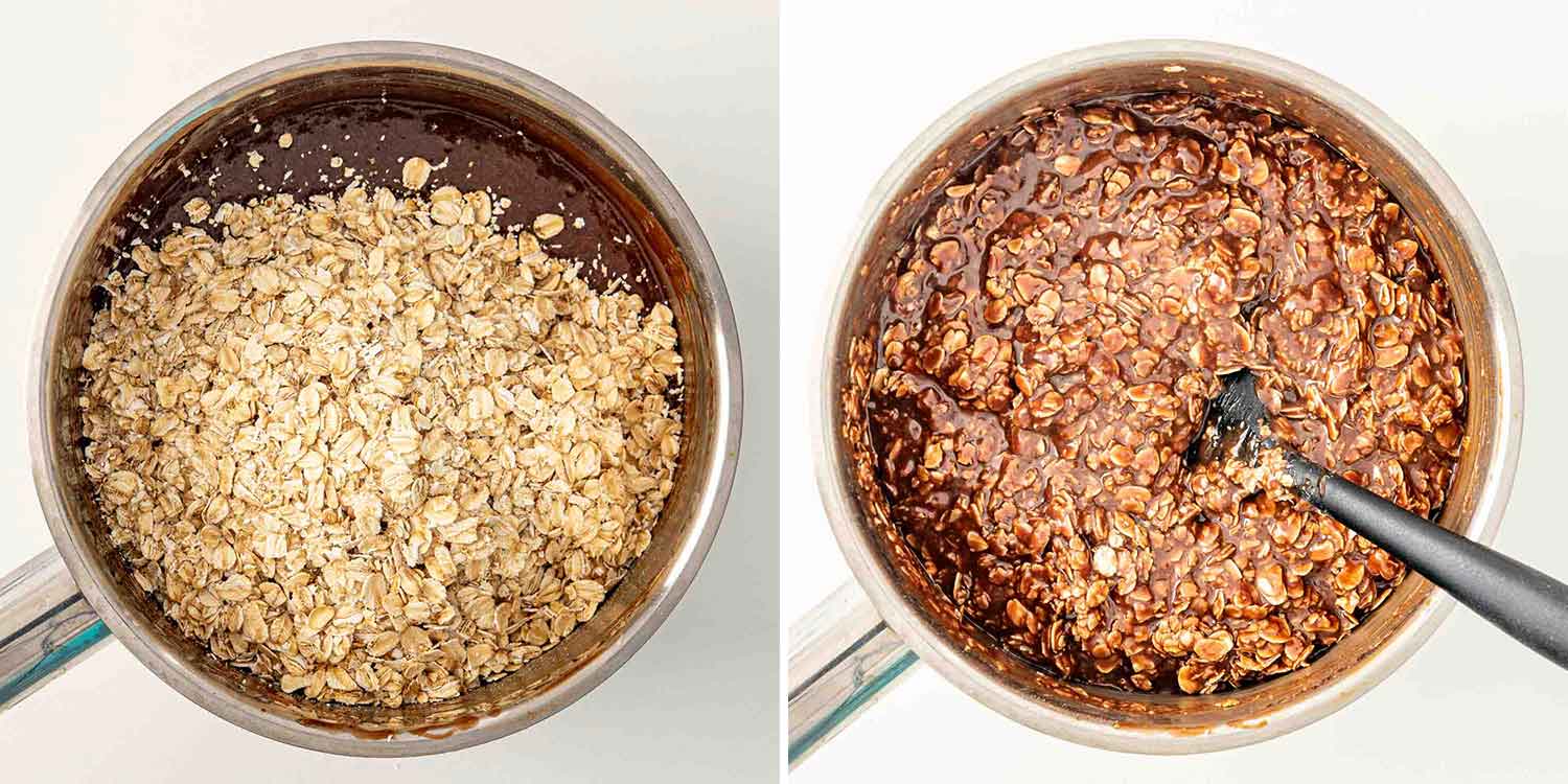 process shots showing how to make no bake chocolate oatmeal cookies.