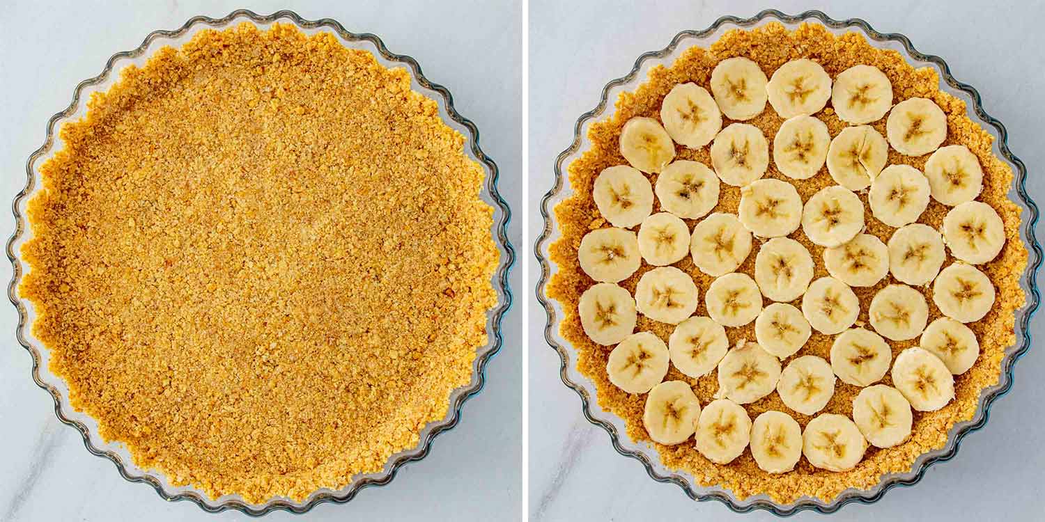 process shots showing how to make banana cream pie.