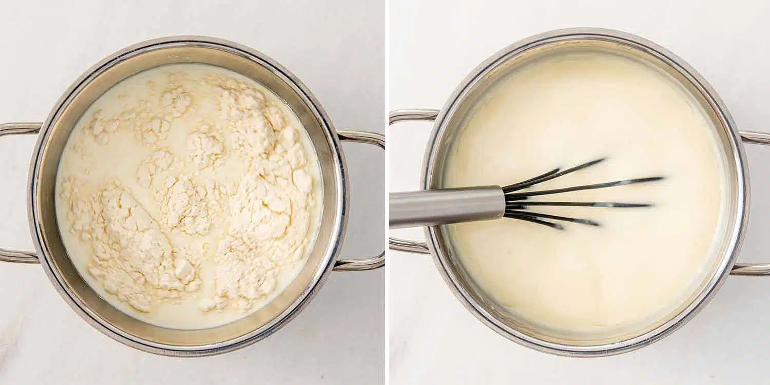 process shots showing how to make banana cream pie.