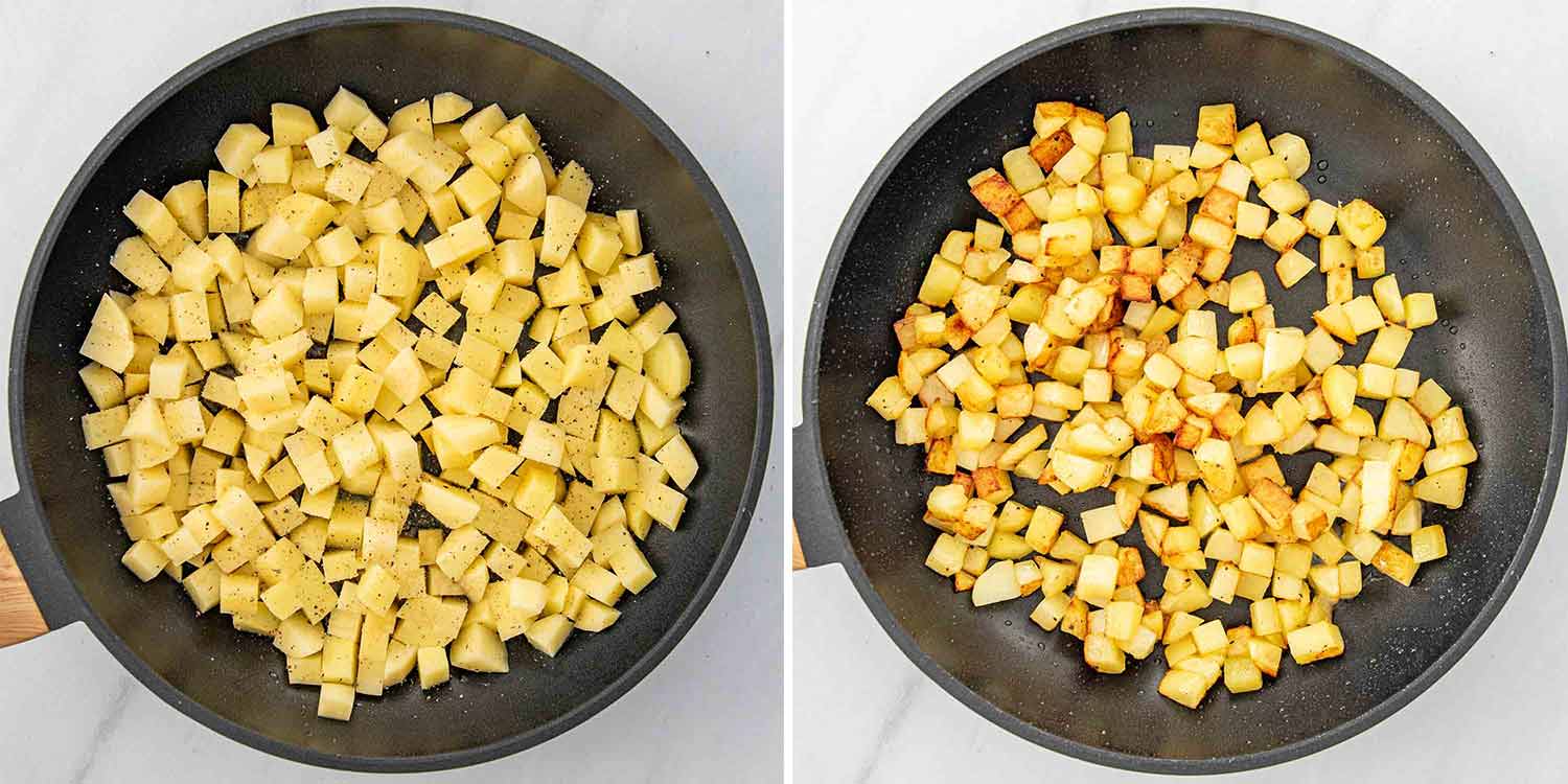 process shots showing how to make breakfast hash in a skillet.