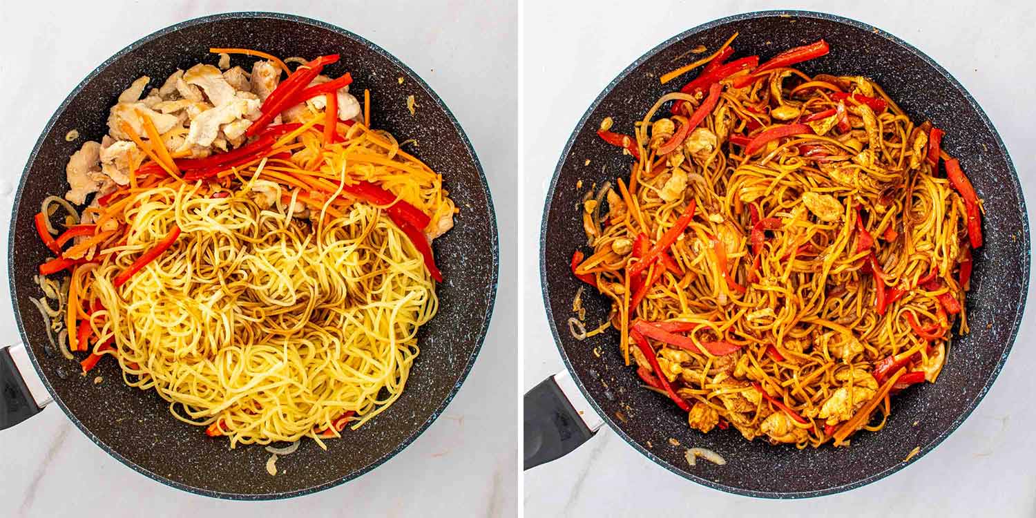 process shots showing how to make lo mein.