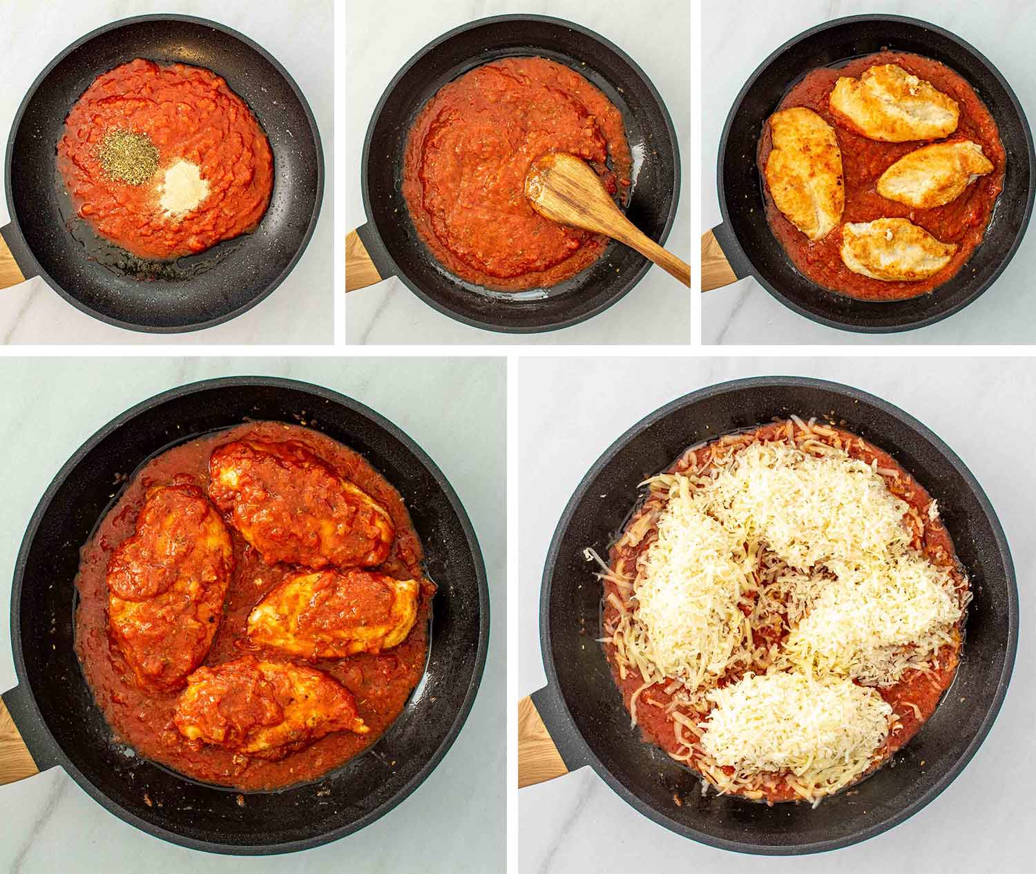 process shots showing how to make skillet chicken parmesan.