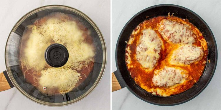 process shots showing how to make skillet chicken parmesan.