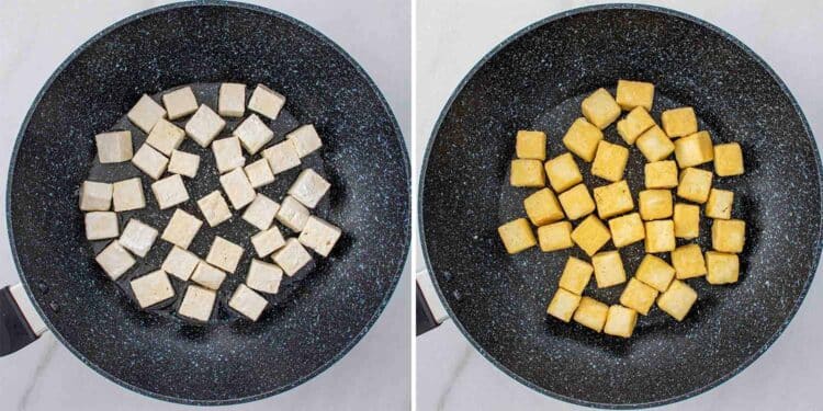process shots showing how to make skillet spicy tofu stir fry.