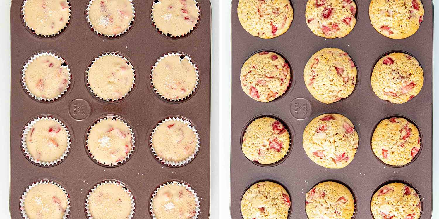 process shots showing how to make strawberry muffins.