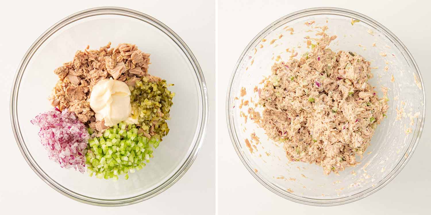 process shots showing how to make tuna salad sandwich.