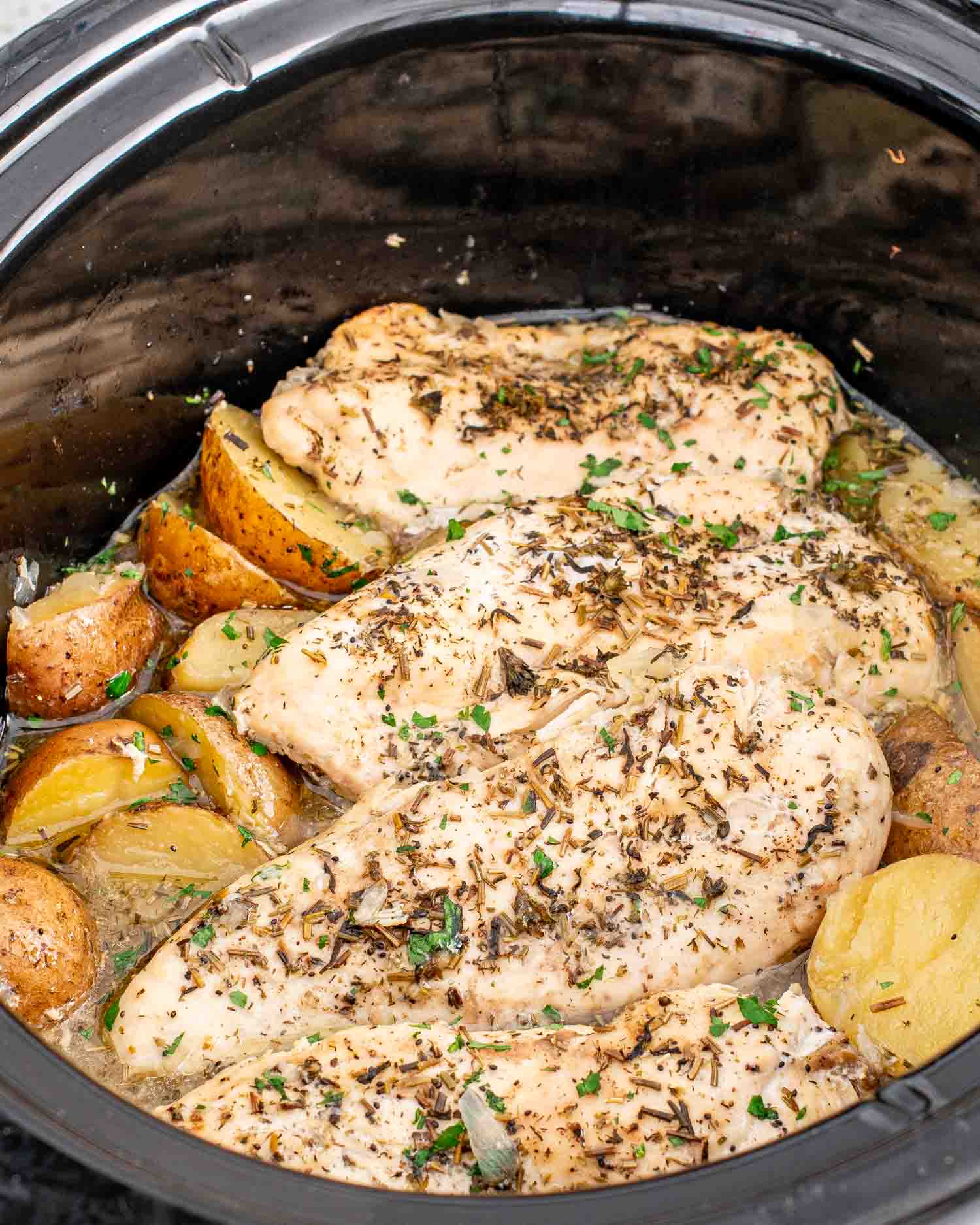 freshly made crockpot chicken and potatoes.