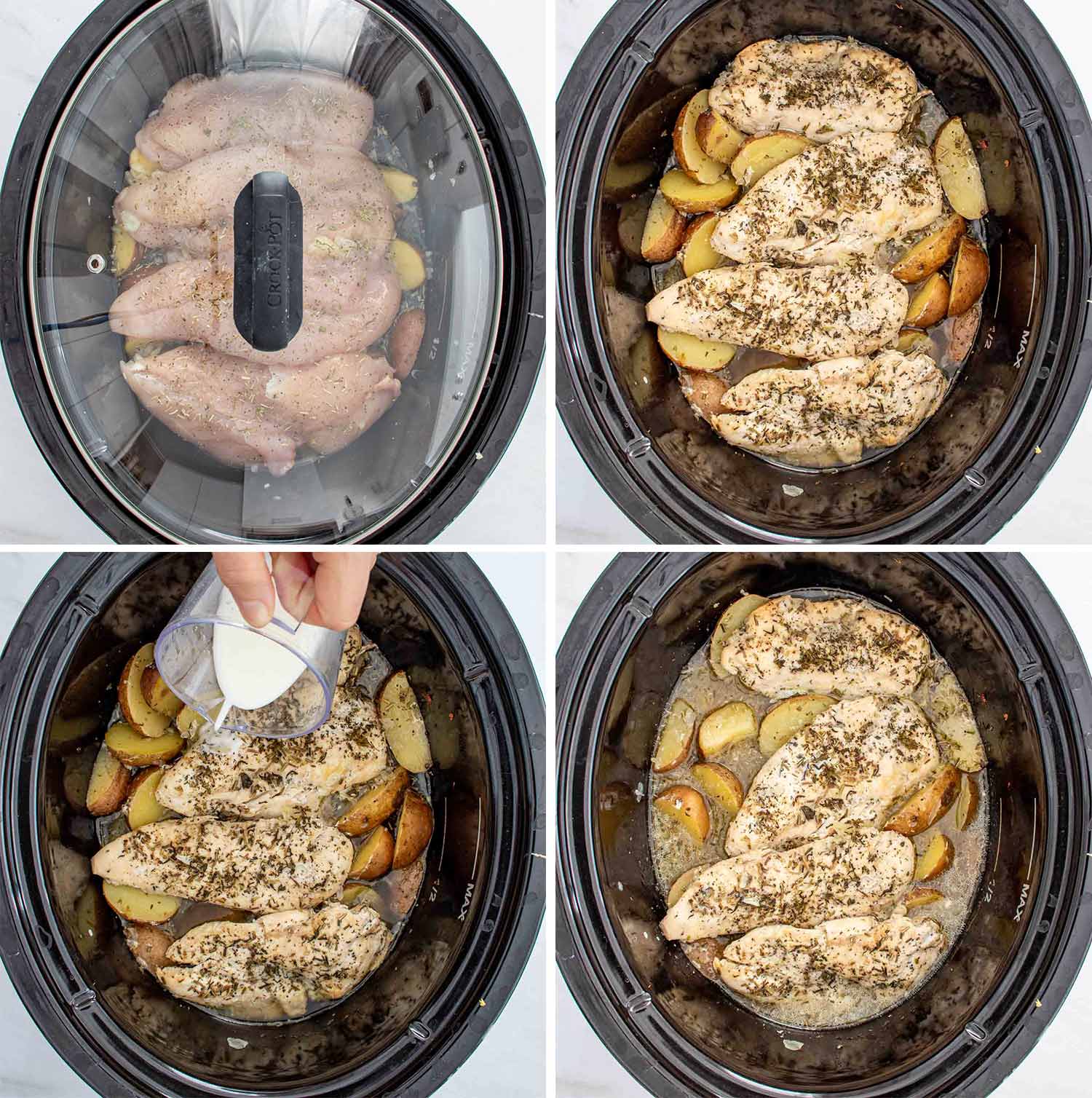 process shots showing how to make crockpot chicken and potatoes.