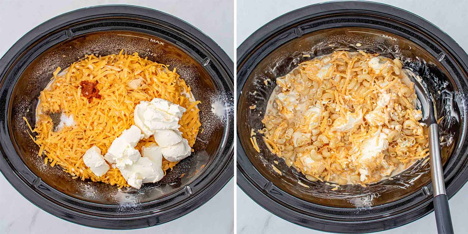 process shots showing how to make mac and cheese in the crockpot.