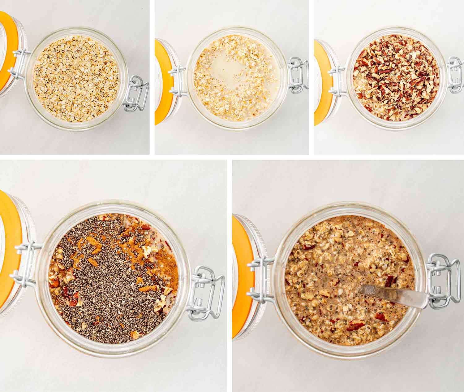 process shots showing how to make maple pecan overnight oats.