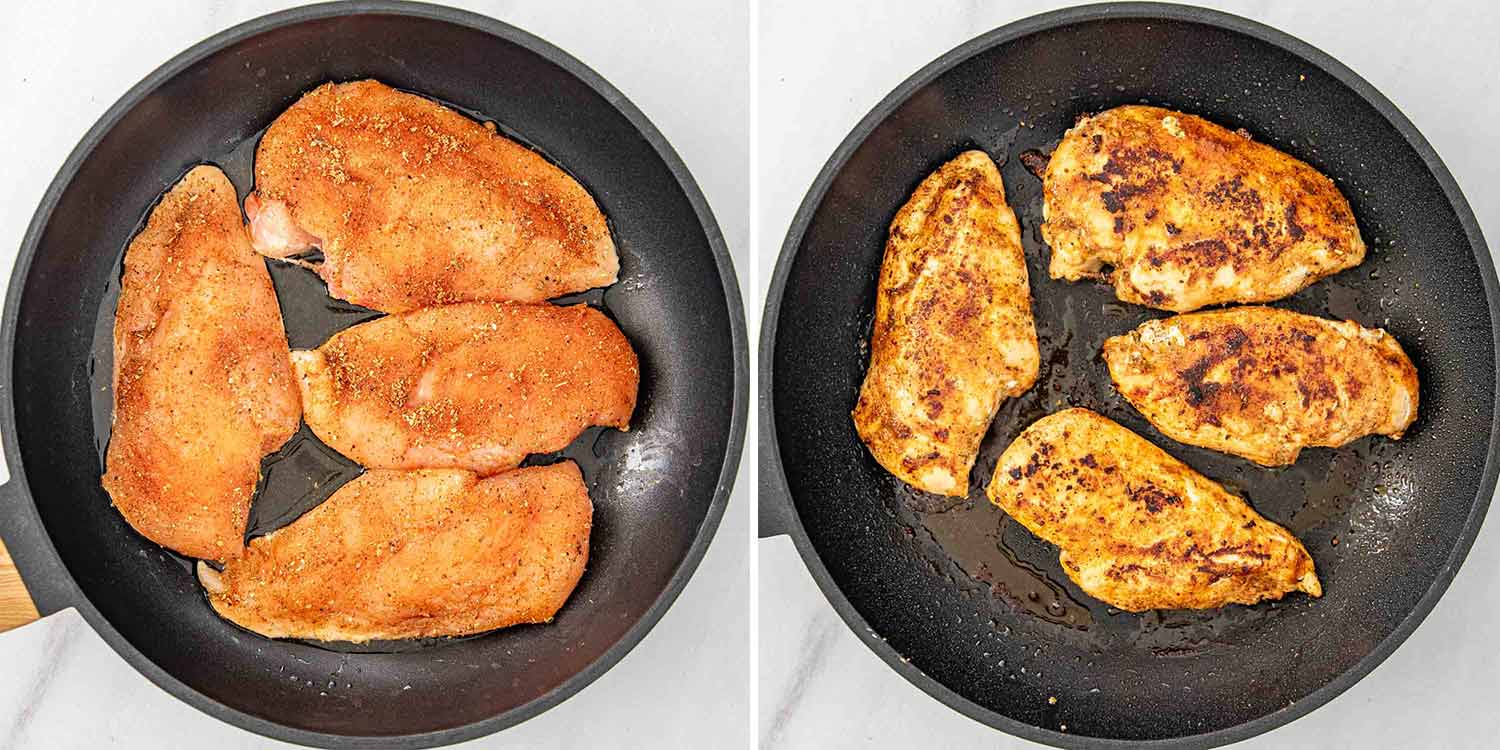 process shots showing how to make skillet cajun chicken and rice.