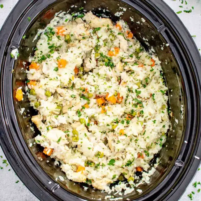 chicken and rice in a crockpot garnished with a bit of parsley.