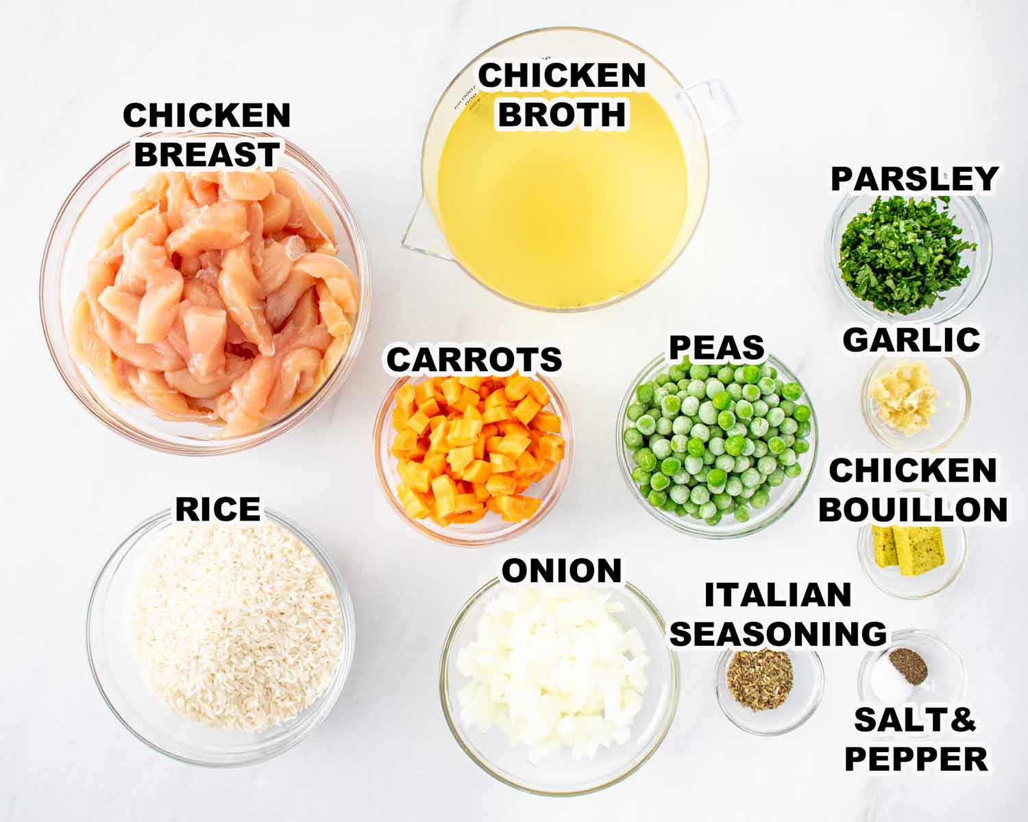 ingredients needed to make crockpot chicken and rice.