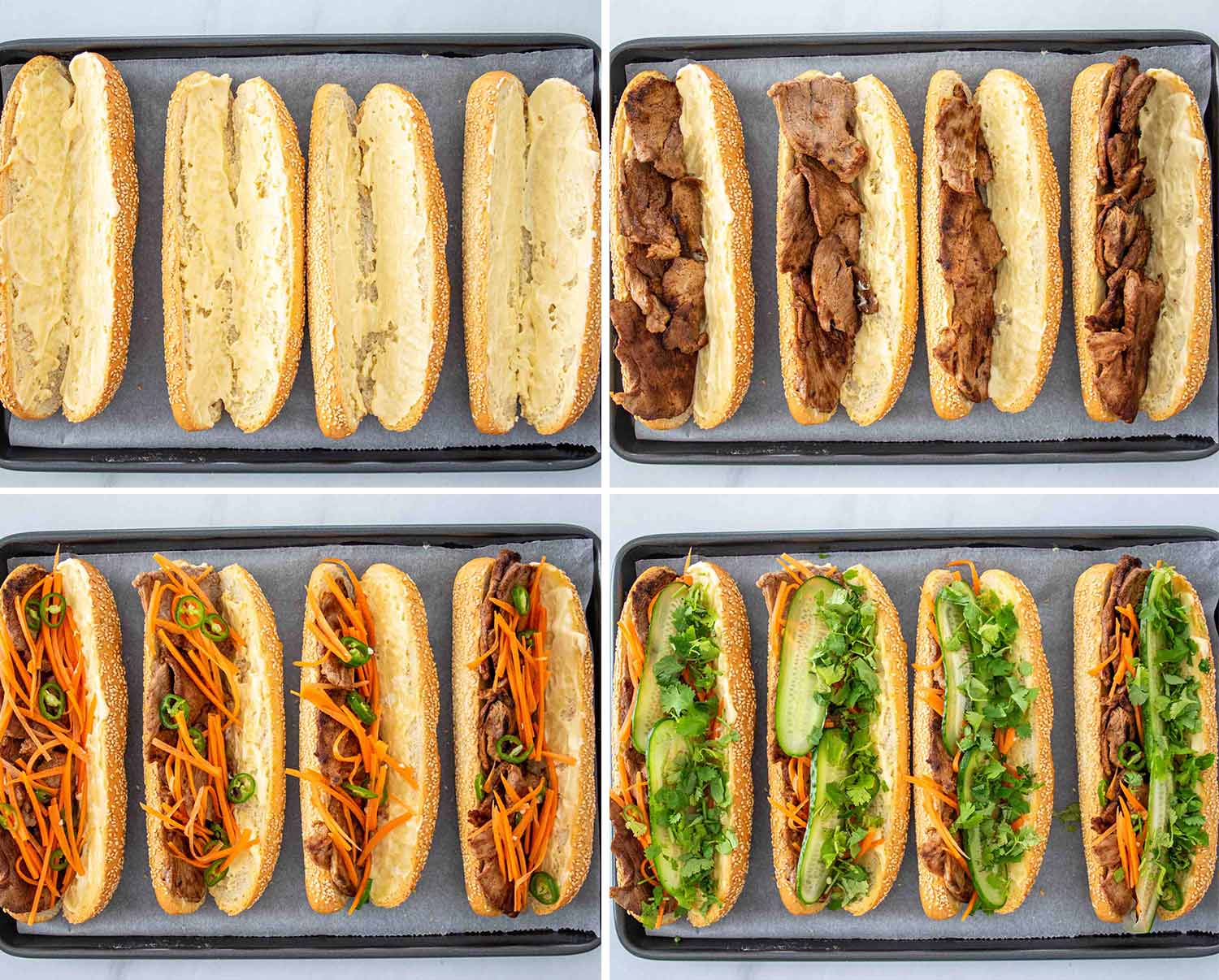 process shots showing how to make banh mi sandwiches.