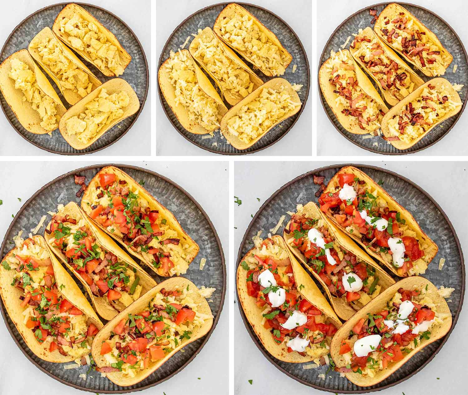 process shots showing how to make breakfast tacos.