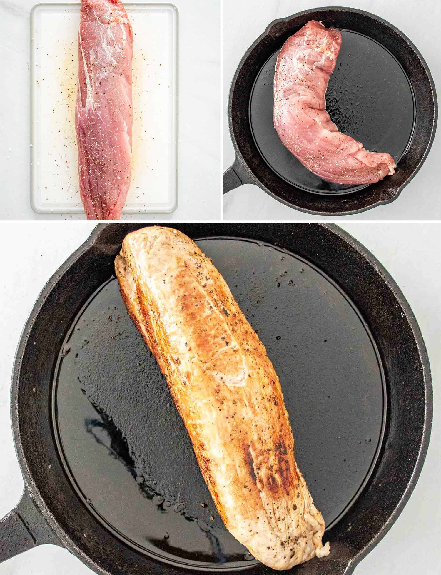 process shots showing how to make maple glazed pork tenderloin.
