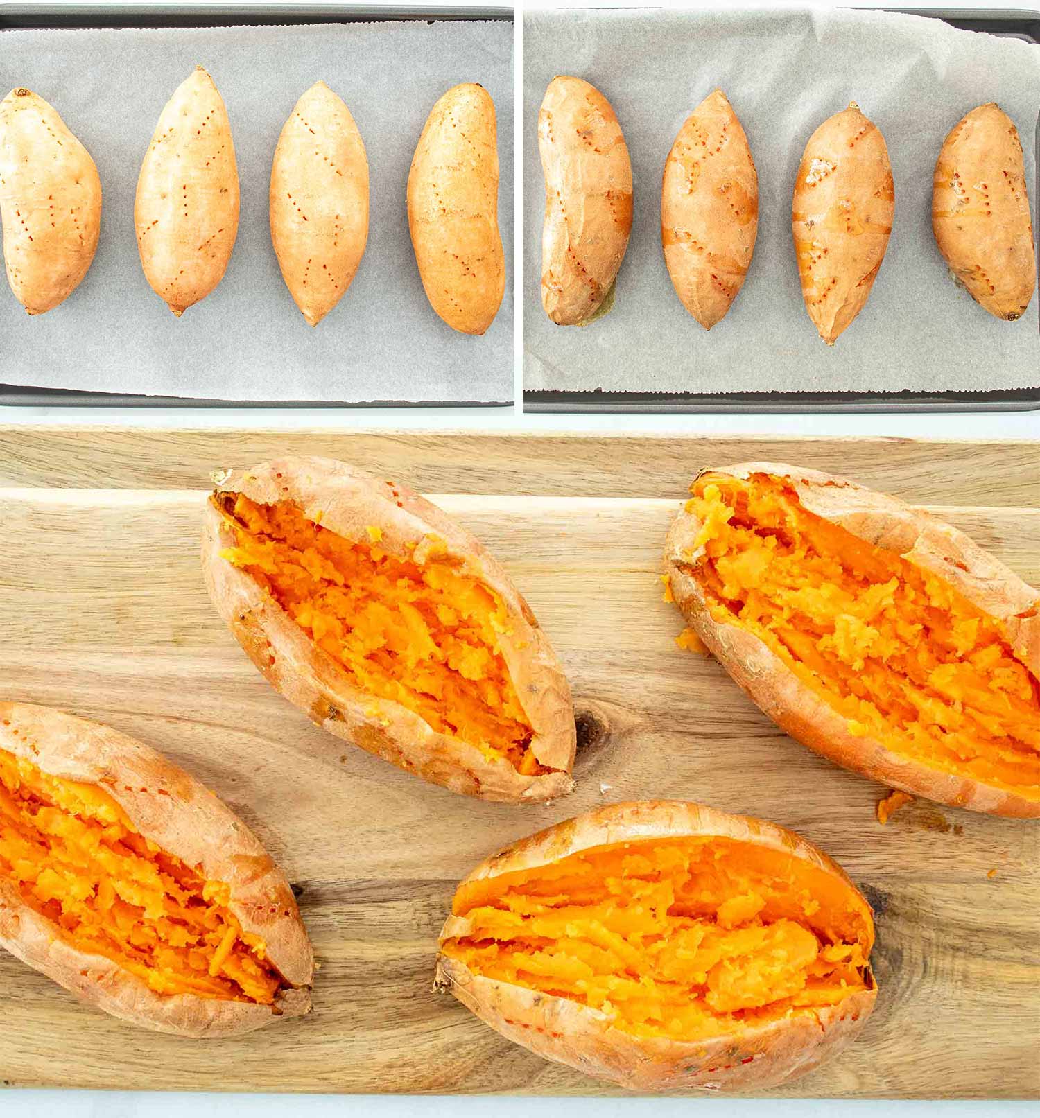 process shots showing how to make mediterranean stuffed sweet potatoes.