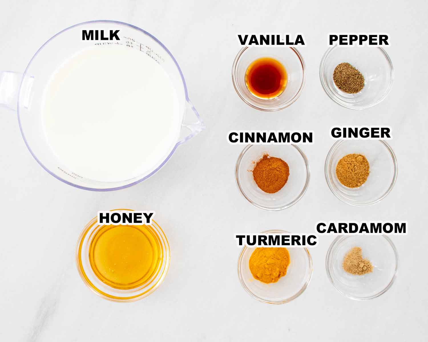 ingredients needed to make turmeric latte (golden milk).
