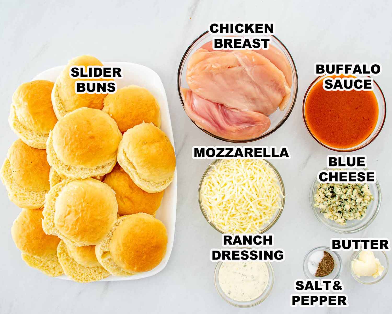 ingredients needed to make buffalo chicken slider bake.