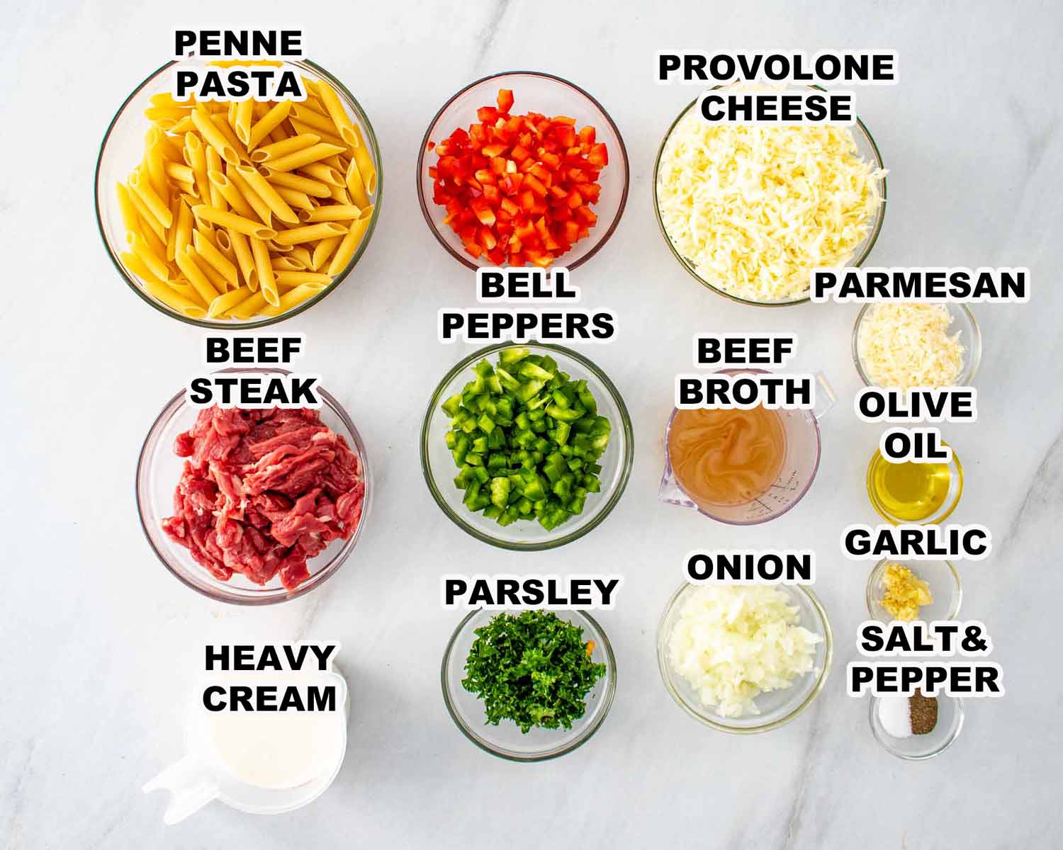 ingredients needed to make cheesesteak pasta.