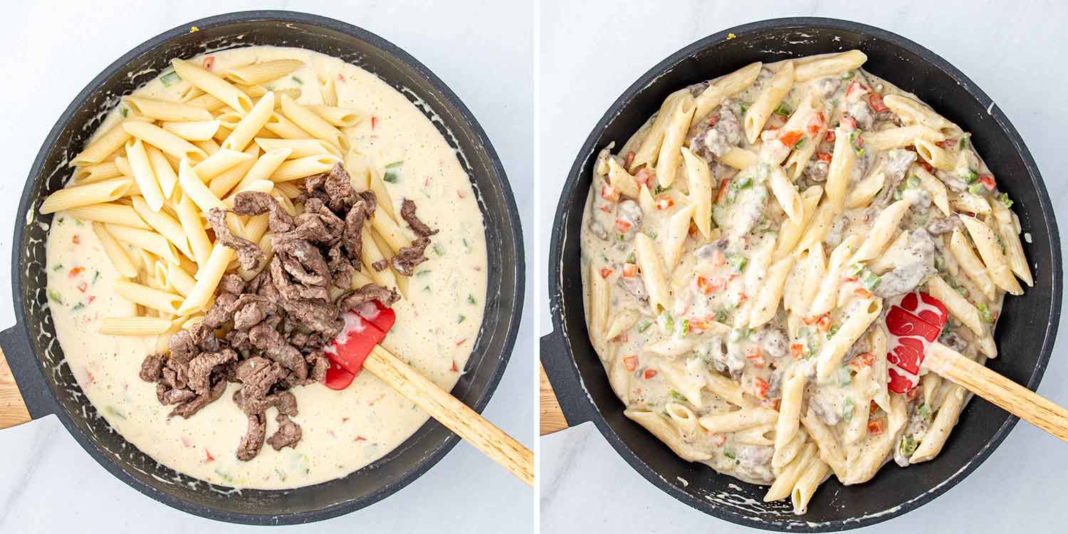 process shots showing how to make cheesesteak pasta.