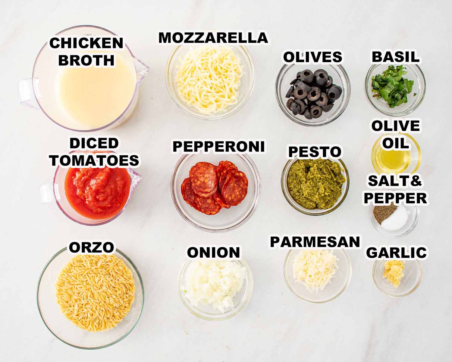 ingredients needed to make skillet pizza pesto orzo.