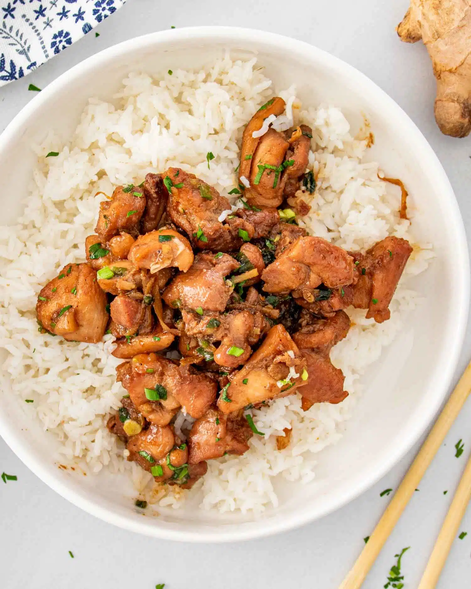 a serving of Vietnamese ginger chicken over a bed of rice in a white bowl.