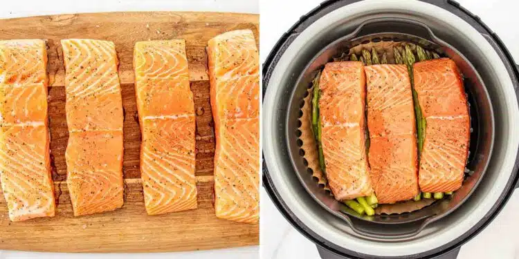 process shots showing how to make air fryer salmon and asparagus.