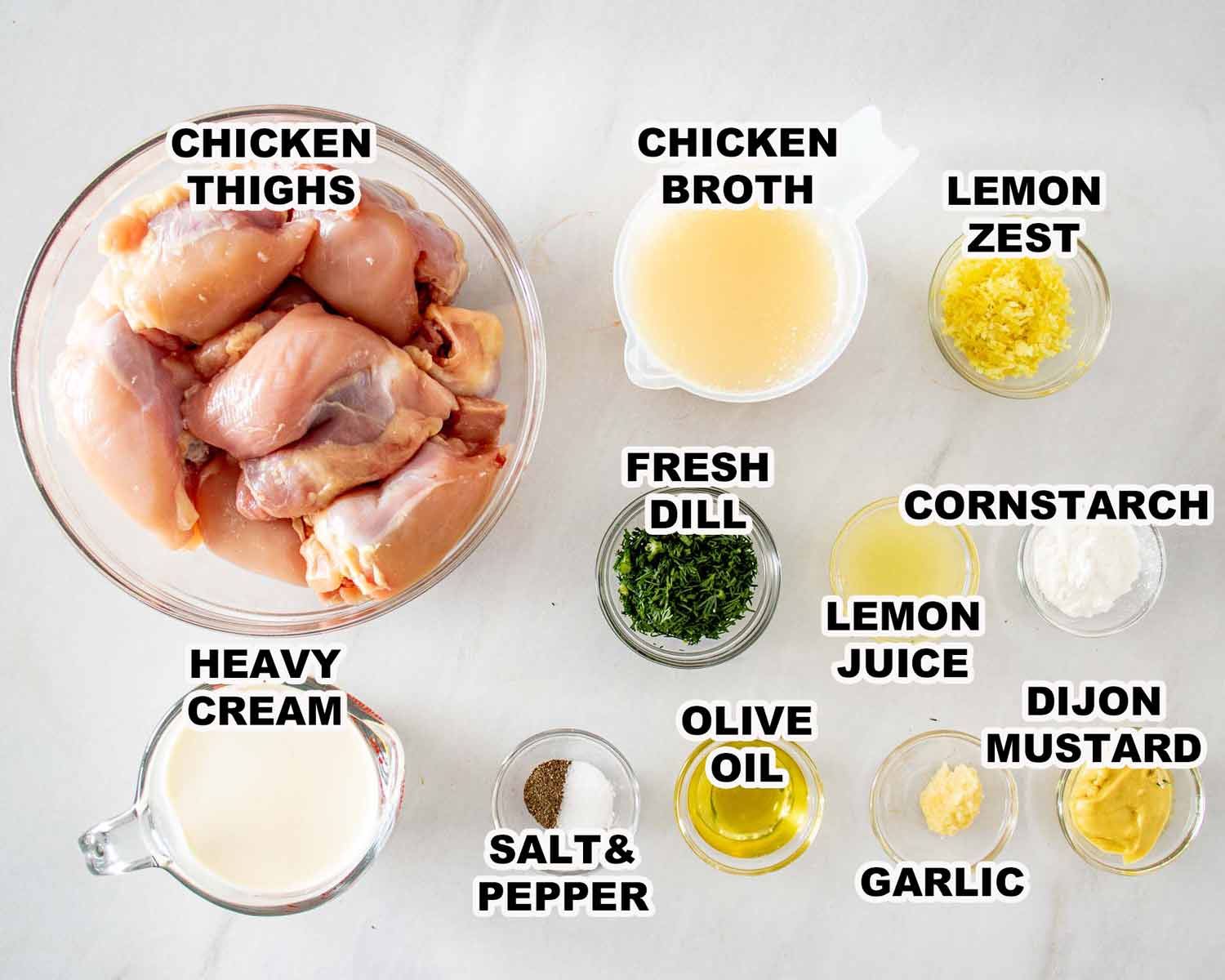 ingredients needed to make chicken thighs with creamy lemon dill sauce.