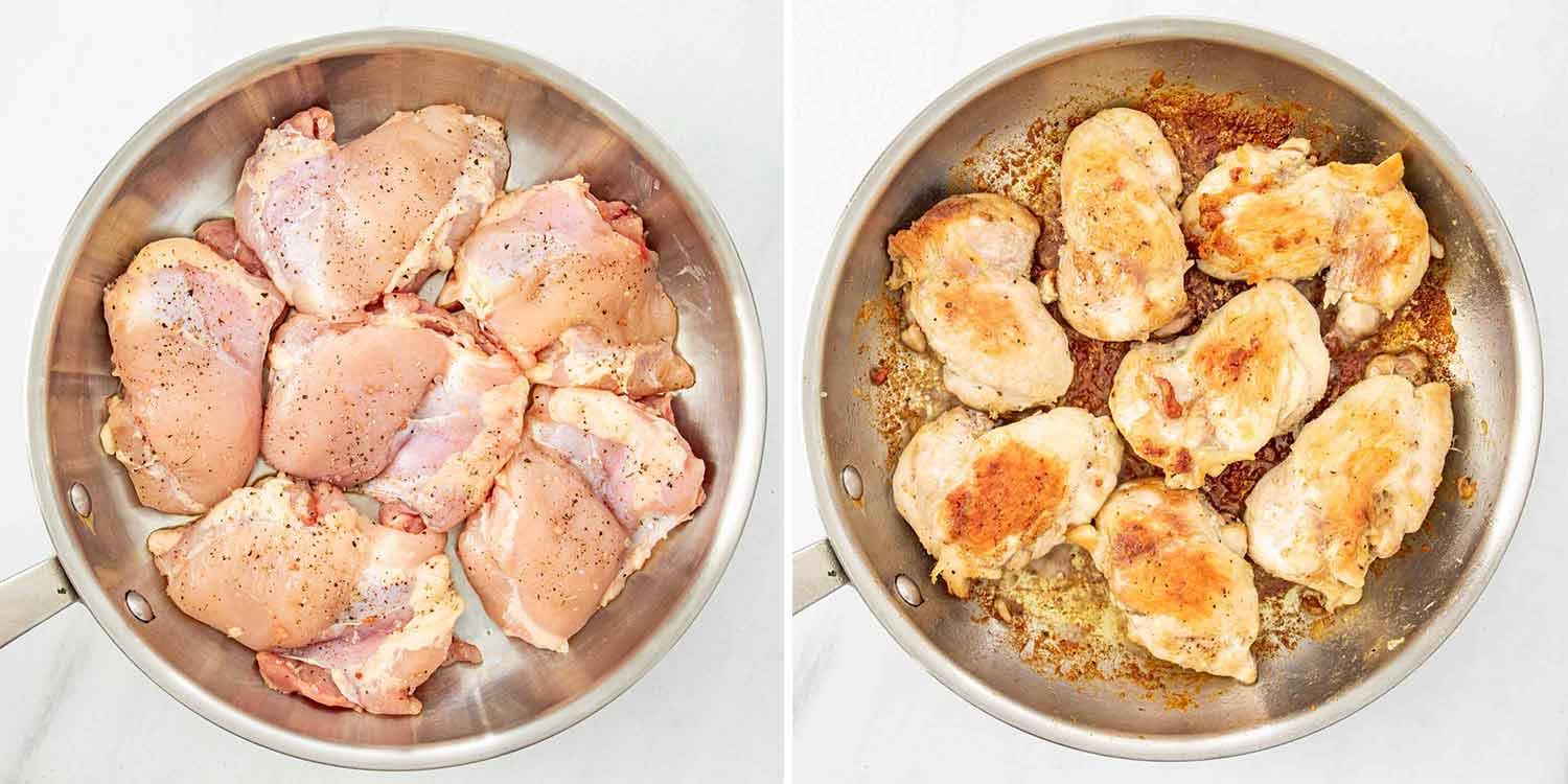 process shots showing how to make chicken thighs with creamy lemon dill sauce.