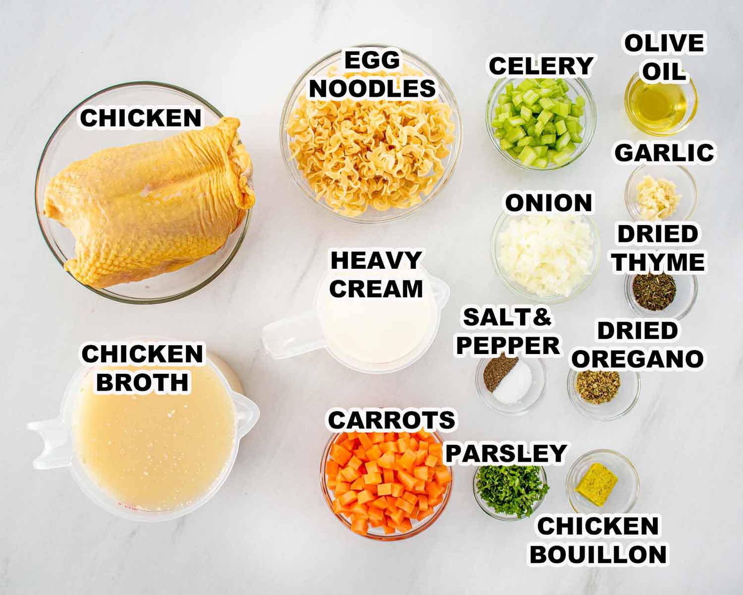 ingredients needed to make creamy chicken noodle soup.