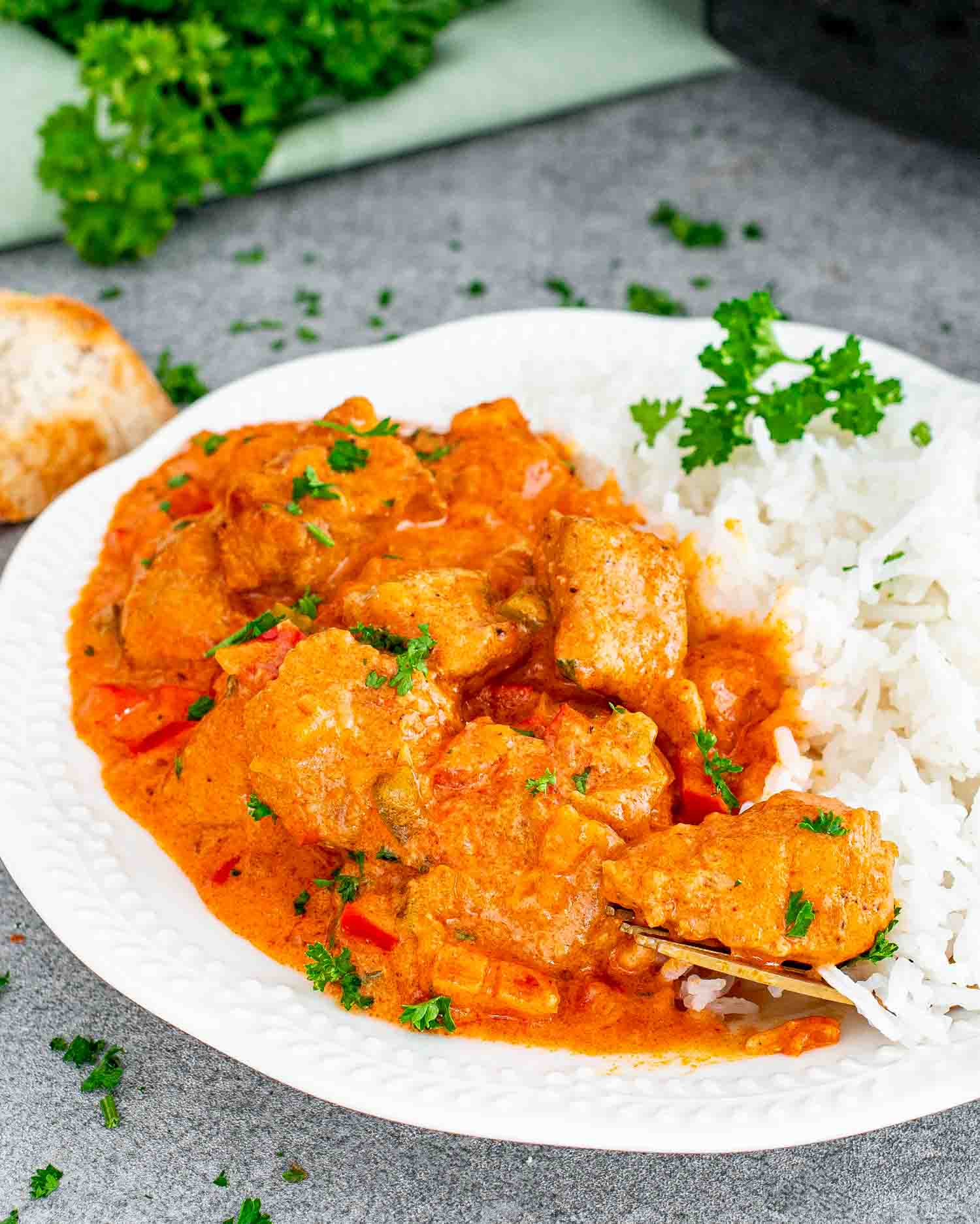 pork paprikash with rice on a white plate.