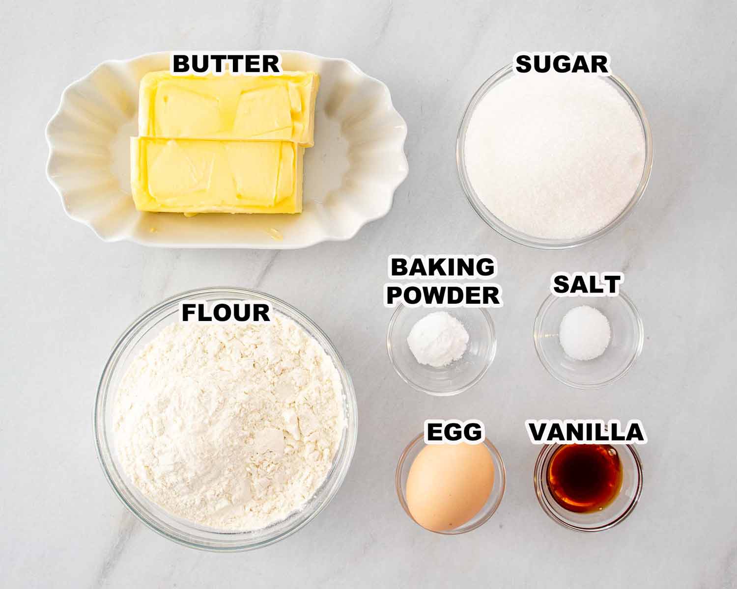 ingredients needed to make butter cookies.