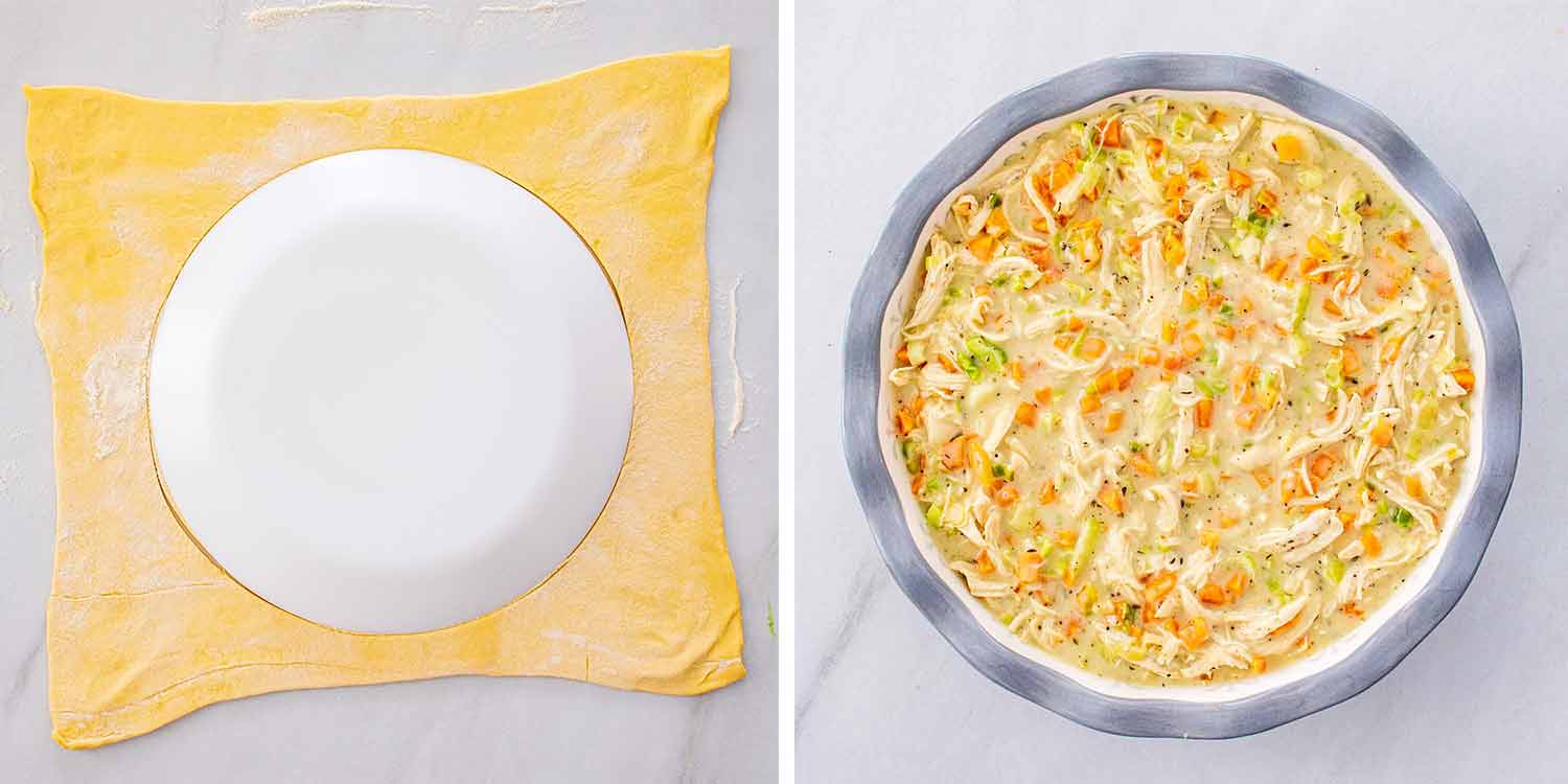 process shots showing how to make chicken and leek pie.