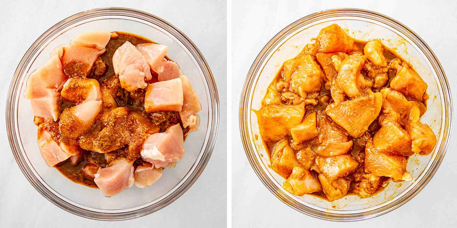 process shots showing how to make chicken satay with peanut sauce.