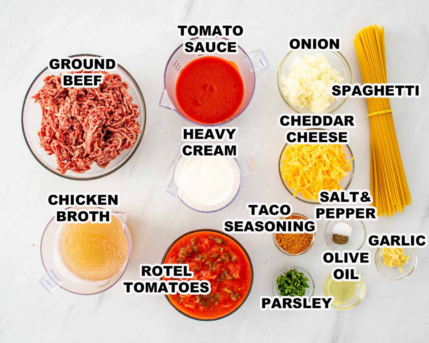 ingredients needed to make taco spaghetti.