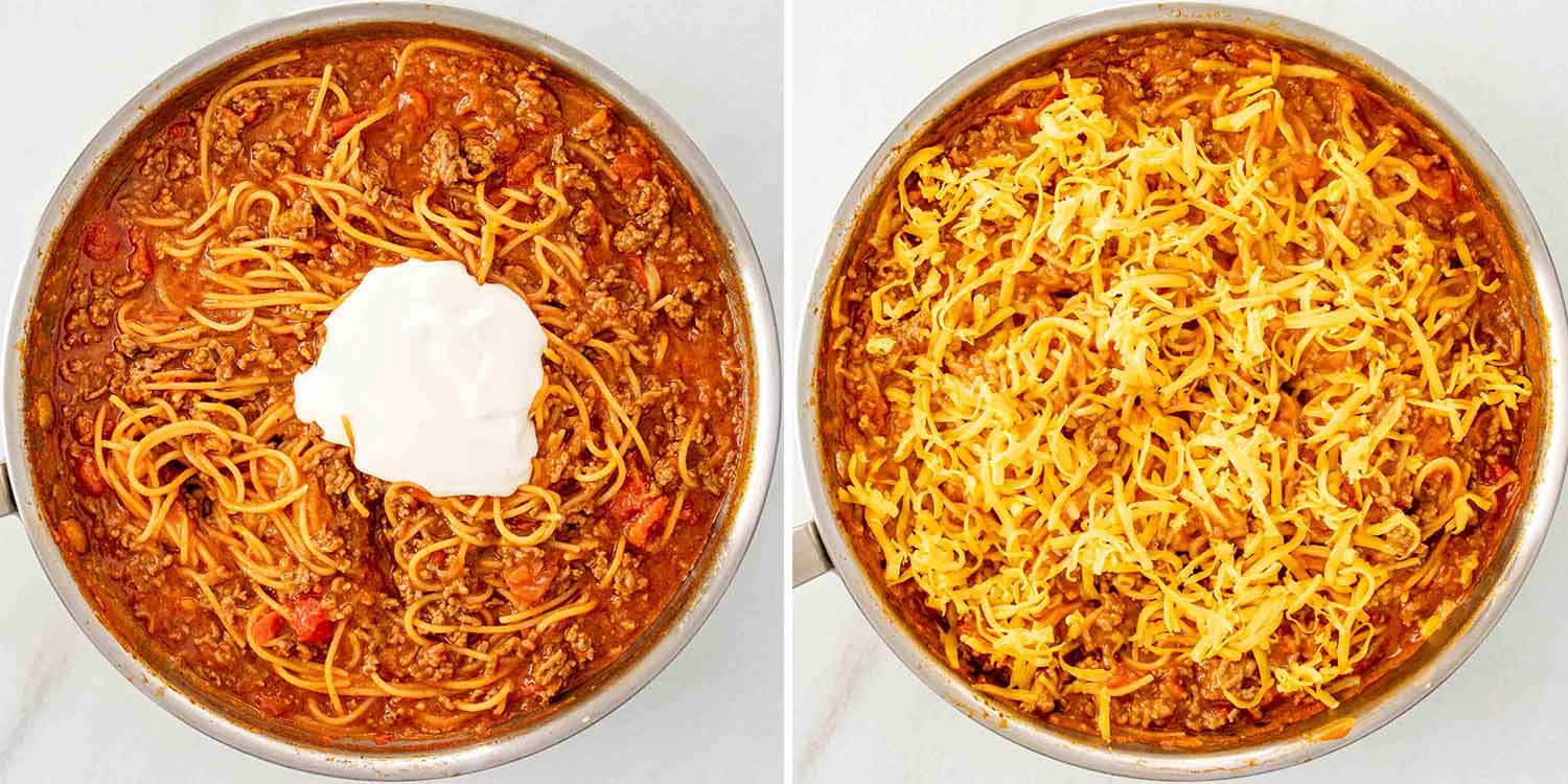 process shots showing how to make taco spaghetti.