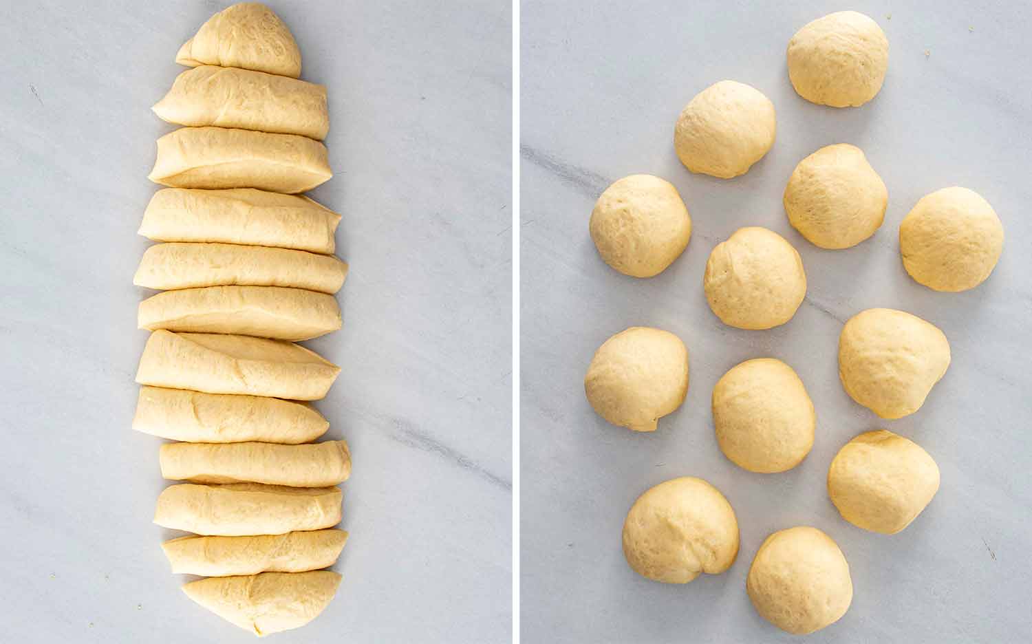 process shots showing how to make garlic herb pull apart rolls.
