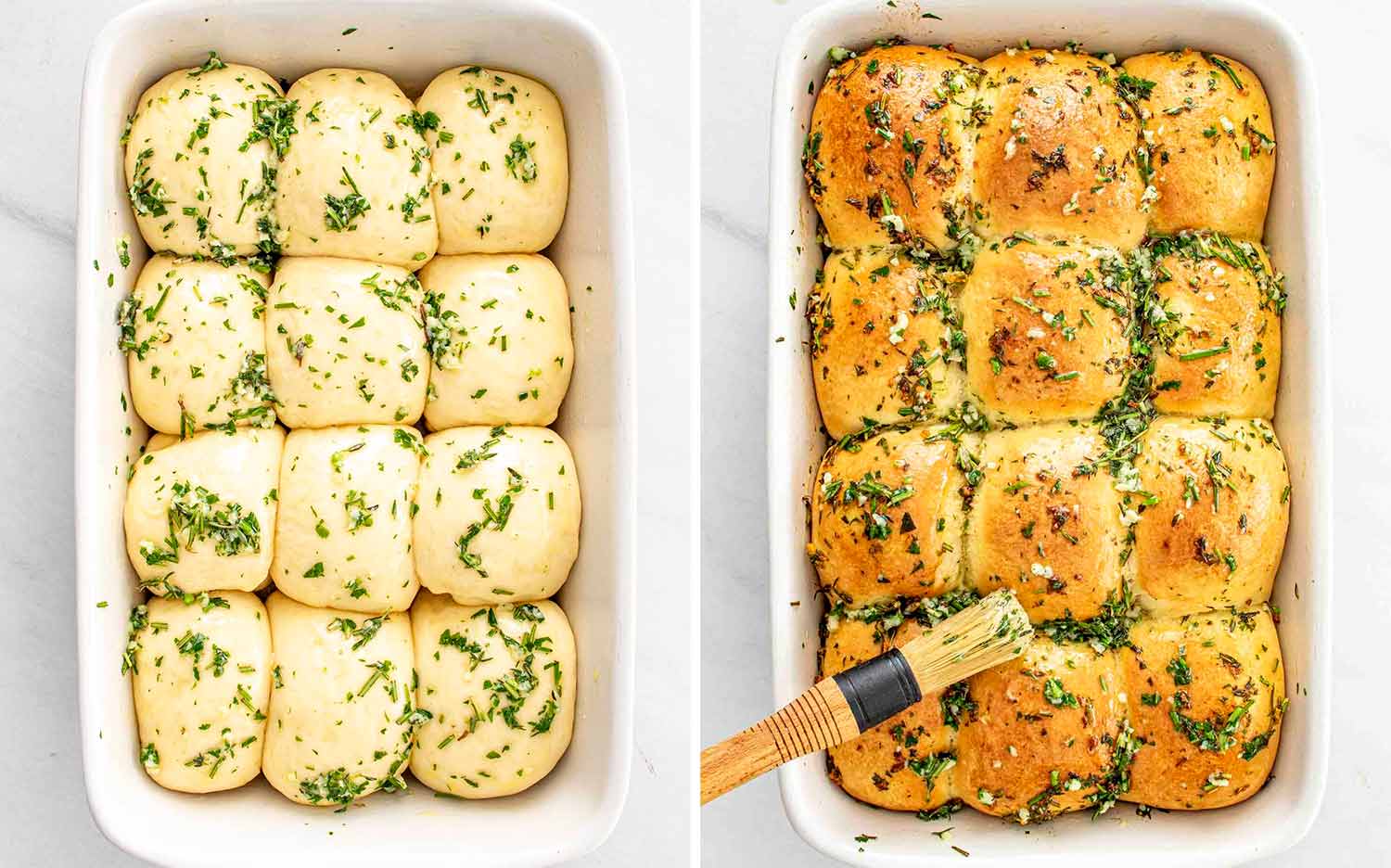 process shots showing how to make garlic herb pull apart rolls.