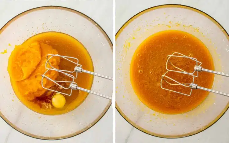 process shots showing how to make pumpkin spice blondies.