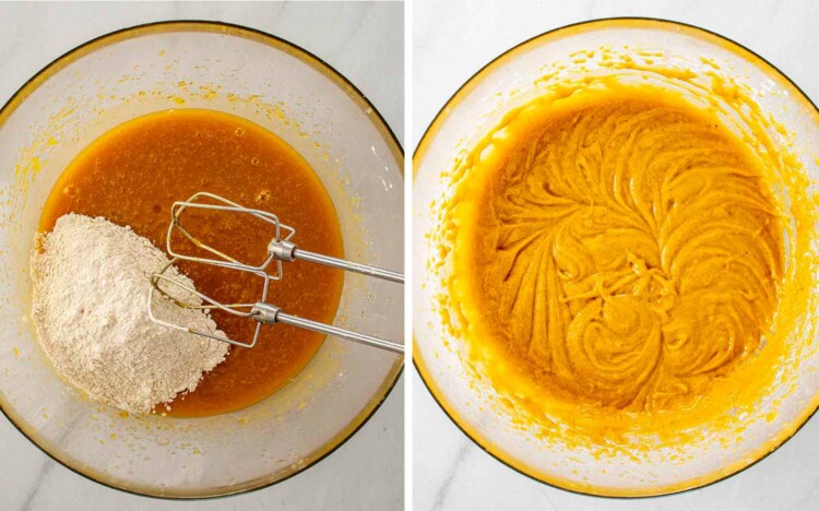 process shots showing how to make pumpkin spice blondies.