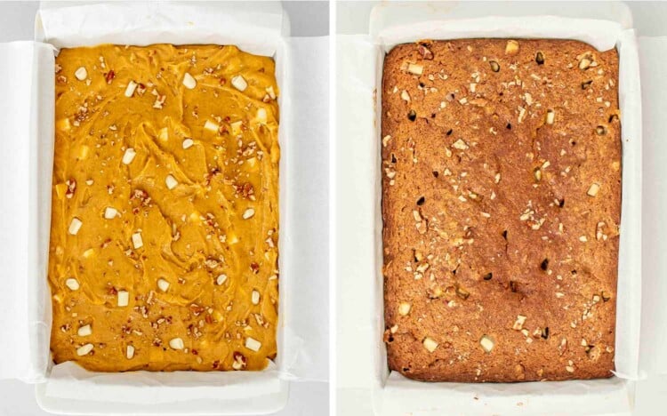 process shots showing how to make pumpkin spice blondies.