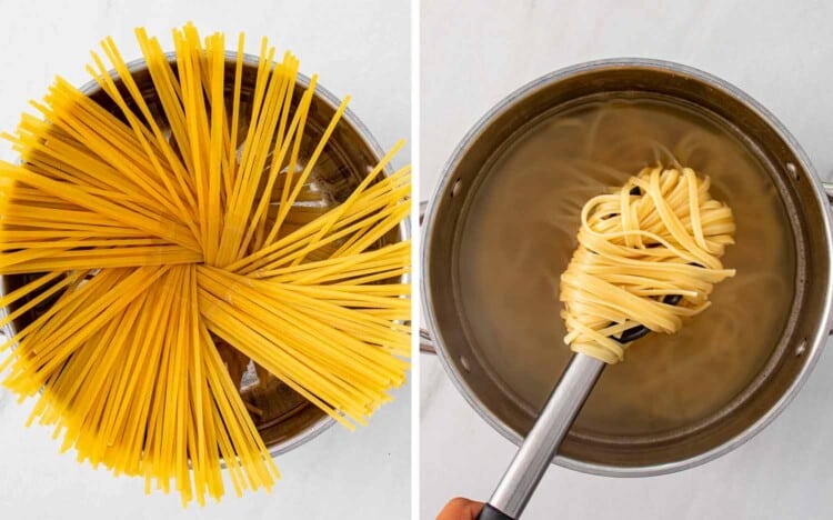 process shots showing how to make chicken scampi.