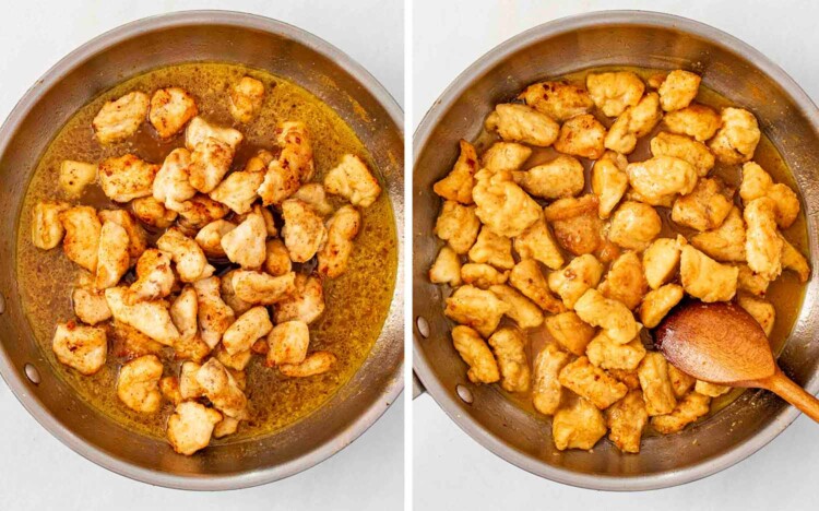 process shots showing how to make chicken scampi.