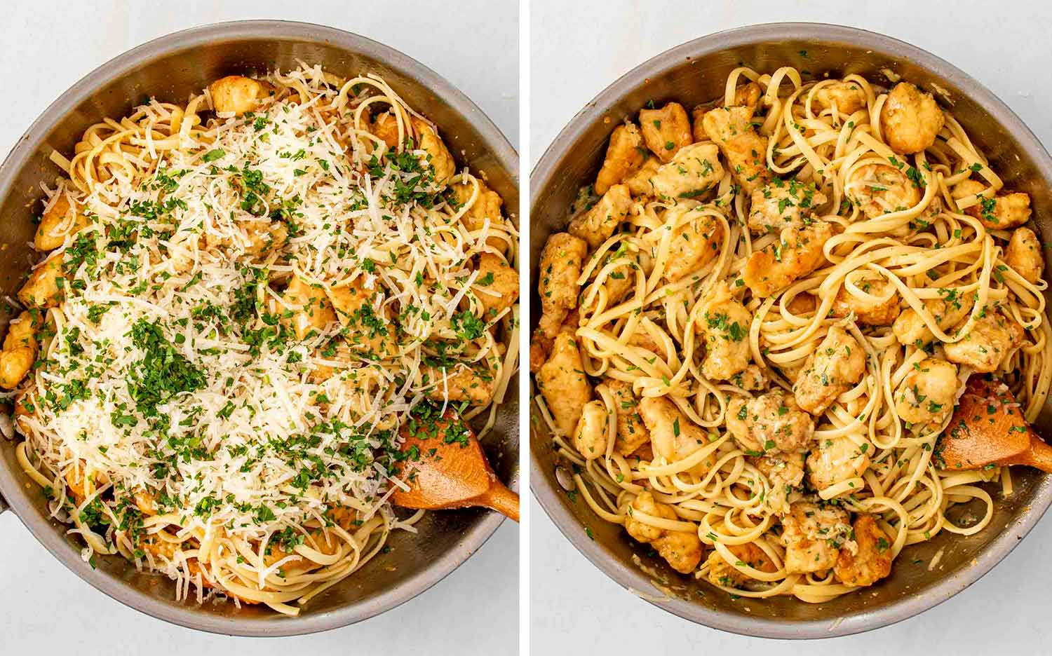 process shots showing how to make chicken scampi.