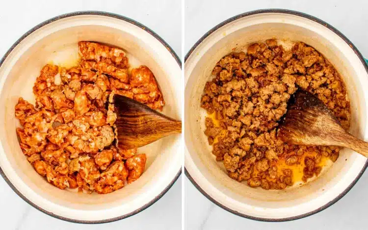 process shots showing how to make sausage and white bean soup.