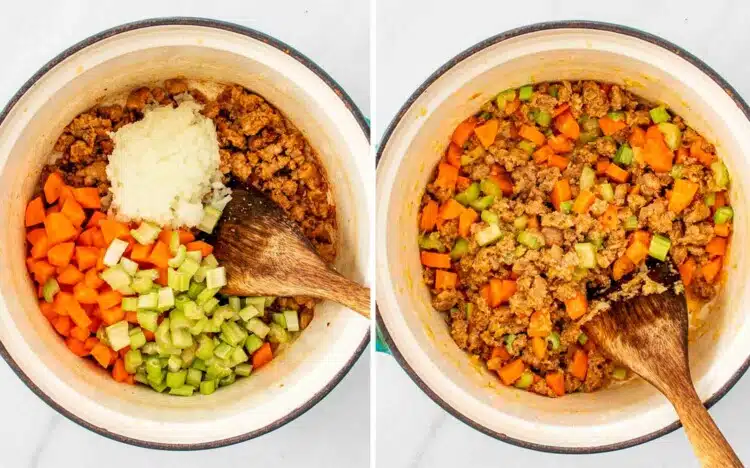 process shots showing how to make sausage and white bean soup.